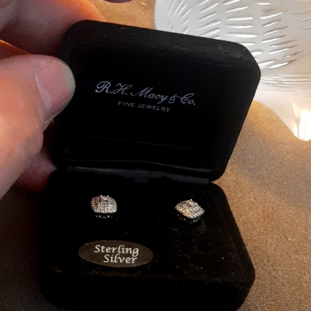 Sterling Silver Diamond Square Stud Earrings - Silver